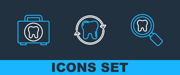 Set line Dental search, First aid kit and Tooth whitening icon. Vector