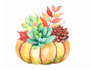 Beautiful succulent flowering plants arrangement in pumpkin ,Thanksgiving centerpiece decoration, white background 