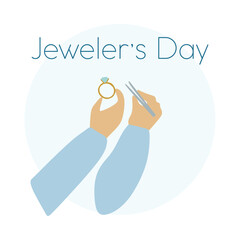 International Jewel day Card with Lettering. Hands holding Tweezers and Diamond ring. Vector illustration isolated on white. Jewelry Making concept, Holiday Banner or social media post with text.
