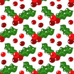 Vector seamless pattern for Christmas with mistletoe and berries. Cute cartoon element of a branch with berries on a white background. holly leaves and berries