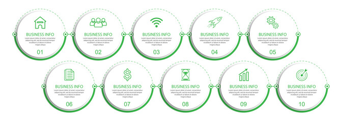 Simple Business Infographic design, vector
template with colorful lines, icons, numbers and
10 choices or steps. Can be used for process diagrams,
presentations, workflow layouts, banners, flowcharts