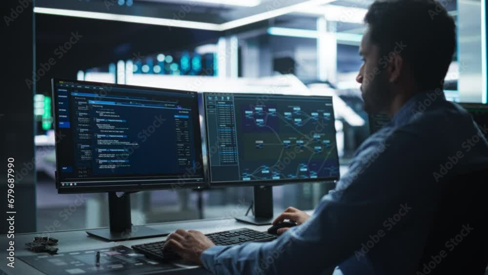 Fototapete High-Tech Data Center Server Control: IT Specialist Administrator Working on Computer, Screen Showing Big Data AI Analysis and Code. Web Services, Machine Learning, Analytics Facility, Cyber Security