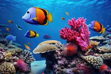 Naklejka na ściany i meble Fish over a coral reef in the sea