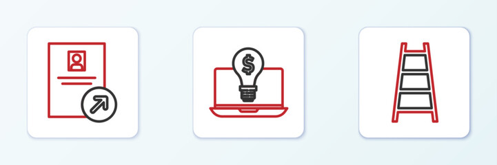 Set line Stair with finish flag, Job promotion and Light bulb dollar laptop icon. Vector