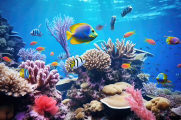 Naklejka na ściany i meble Fish over a coral reef in the sea