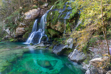 Virje waterfall, slap Virje, in Slovenia near Bovec. Julian Alps.