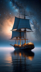 Fototapeta premium In a whimsical composition, a captivating cinematic surreal photograph showcases an offbeat dazzling satellite schooner.