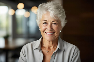 Fototapeta na wymiar Portrait of smiling senior woman entrepreneur in the cafe.