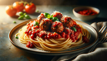 spaghetti with meatballs - obrazy, fototapety, plakaty