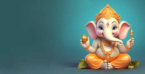 Little baby Hindu god Ganesha on a blue background - obrazy, fototapety, plakaty