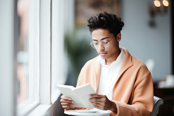 Focused young man, determined to study, uses book for research and study.
