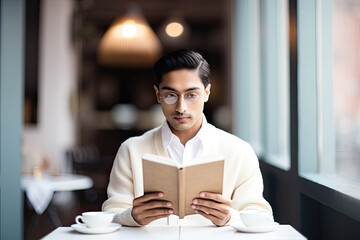 Fototapeta premium Young handsome businessman immersed in a book in a modern cafe.