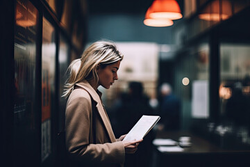 A young businesswoman immersed herself in reading outdoors in a city cafe, combining beauty and professionalism.