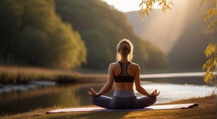 young woman doing yoga in the nature, woman doing yoga exersise, yoga lessons in the nature - obrazy, fototapety, plakaty