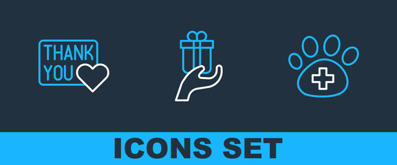 Set line Veterinary clinic, Thank you with heart and Give gift icon. Vector