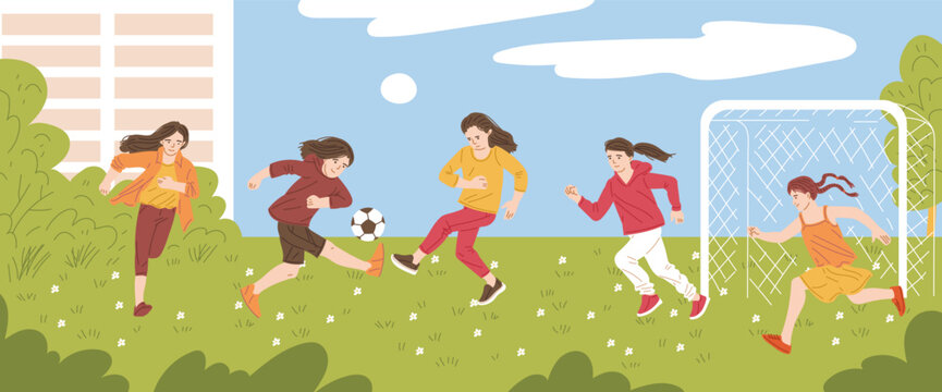 Young girls play football, vector illustration in cartoon flat style