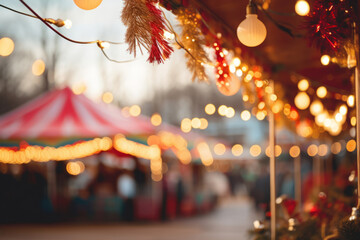 Colorful Christmas decorations and glass lanterns on a Christmas market. Generative AI