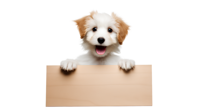 Dog with a sign, Cute dog holding a sign board and looking at the camera isolated on a transparent background, Generative AI