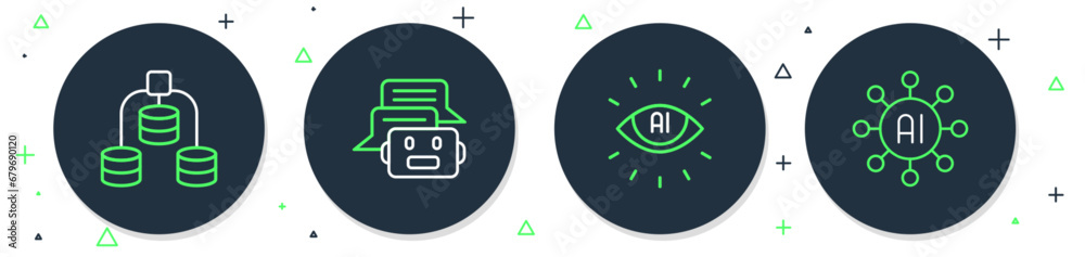 Poster set line chat bot, artificial intelligence ai, server, data and neural network icon. vector