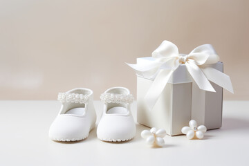 Fototapeta na wymiar White baby cute booties and gift box on light background. Baby shower. Generative AI