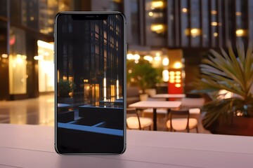 smart phone with blank black screen, apartment or hotel room, application concept for searching for apartments, hotels and places to stay. generative ai