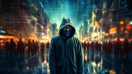 Anonymous hacker, surrounded by a network of glowing data. Cybersecurity, Cybercrime, Cyberattack. Generative AI	