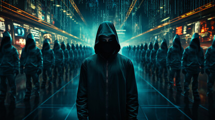Anonymous hacker, surrounded by a network of glowing data. Cybersecurity, Cybercrime, Cyberattack. Generative AI	