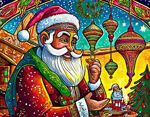 Obraz premium christmas card with santa claus and snowman