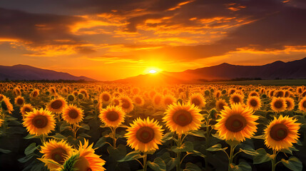 A large field of sunflowers with the sun setting in the background and mountains in the distance in the distance