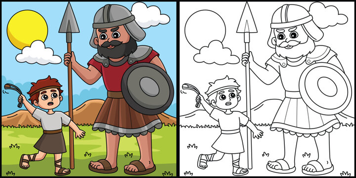 David and Goliath Coloring Page Illustration