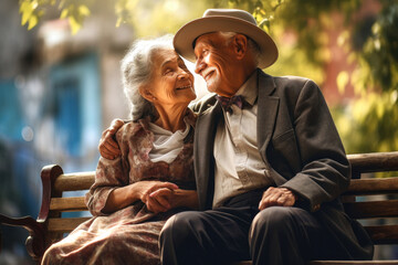 Fototapeta premium An elderly couple, a man and a woman, are sitting and hugging on a bench in the park. They enjoy communication. Date in the park. Older lovers. Relationships in old age. Love and romance.