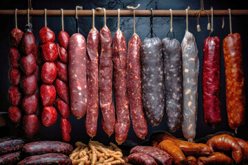 A bunch of different types of sausage hanging on a line. Dried and smoked sausage of various varieties. Wide range of meat products. Sausages made from pork, beef, lamb. - obrazy, fototapety, plakaty