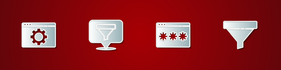 Set Browser setting, Location with sales funnel, Password protection and Sales icon. Vector