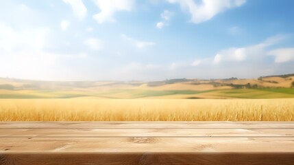 Fototapeta premium Empty wooden table in the sunflower field