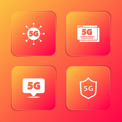 Set 5G network, , Location and Protective shield icon. Vector