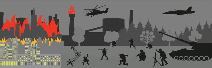 Fototapeta na wymiar A squad of soldiers goes on the attack. Silhouettes of soldiers. Destruction of the city by war.