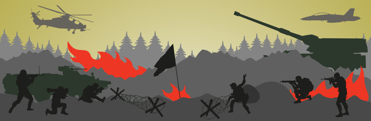 War. A squad of soldiers goes on the attack. Silhouettes of soldiers. Destruction by war. - obrazy, fototapety, plakaty
