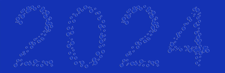 Concept or conceptual air bubbles forming the year 2024 on blue background. A 3D illustration as a metaphor for holiday, relaxation, future and hope, environment and nature