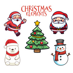 Adorable Collection of Christmas Elements in Flat Design for Children: Santa Claus, Polar Bear, Snowman, and Christmas Tree - Transparent Background