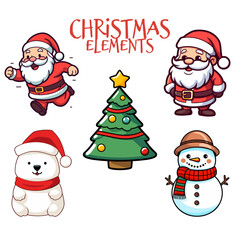 Charming Christmas Element Collection in Flat Design for Kids: Santa Claus, Polar Bear, Snowman, and Christmas Tree - Transparent Background