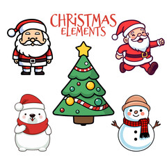 Christmas Collection for Kids: Cute Santa Claus, Polar Bear, Snowman, and Christmas Tree in Flat Design - Transparent Background