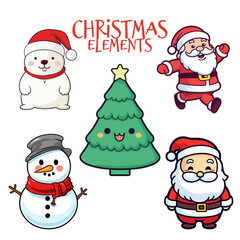 Delightful Flat Design Christmas Collection for Kids: Santa Claus, Polar Bear, Snowman, and Christmas Tree - Transparent Background