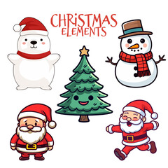 Cute Christmas Collection for Kids in Flat Design: Santa Claus, Polar Bear, Snowman, and Christmas Tree - Transparent Background