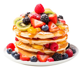 Delicious pancakes with mix berries fruits, honey or maple syrup, homemade pancakes and sweet syrup, PNG file on isolated background