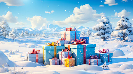 Christmas background with colorful gift boxes on snow in winter forest. Winter holiday concept. Generative AI technology.
