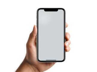 Hand holding mobile phone, Man holding a mobile phone in hand isolated on a transparent background, Generative AI