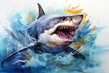 Obraz premium watercolor Shark Hungry shark illustration with splash watercolor textured background