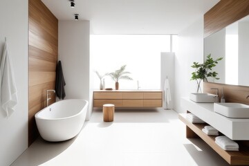 Fototapeta na wymiar Bright minimalist bathroom with wood elements