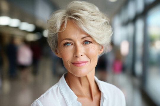 Portrait of middle aged woman in lobby.