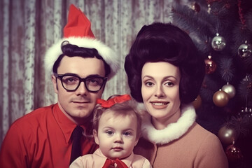 Portrait of a happy familiy on christmas at home, retro style
